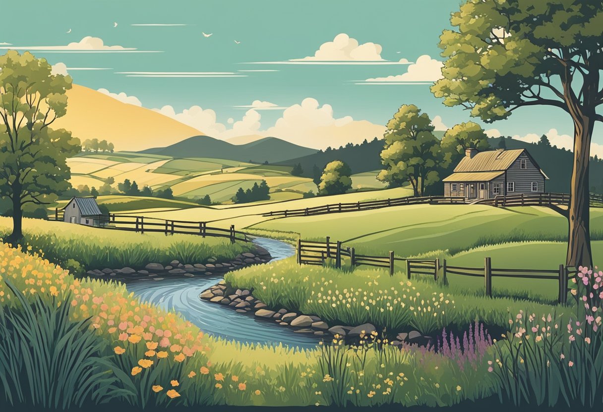 A serene countryside landscape with a rustic farmhouse, rolling hills, and a babbling brook surrounded by wildflowers and tall grasses