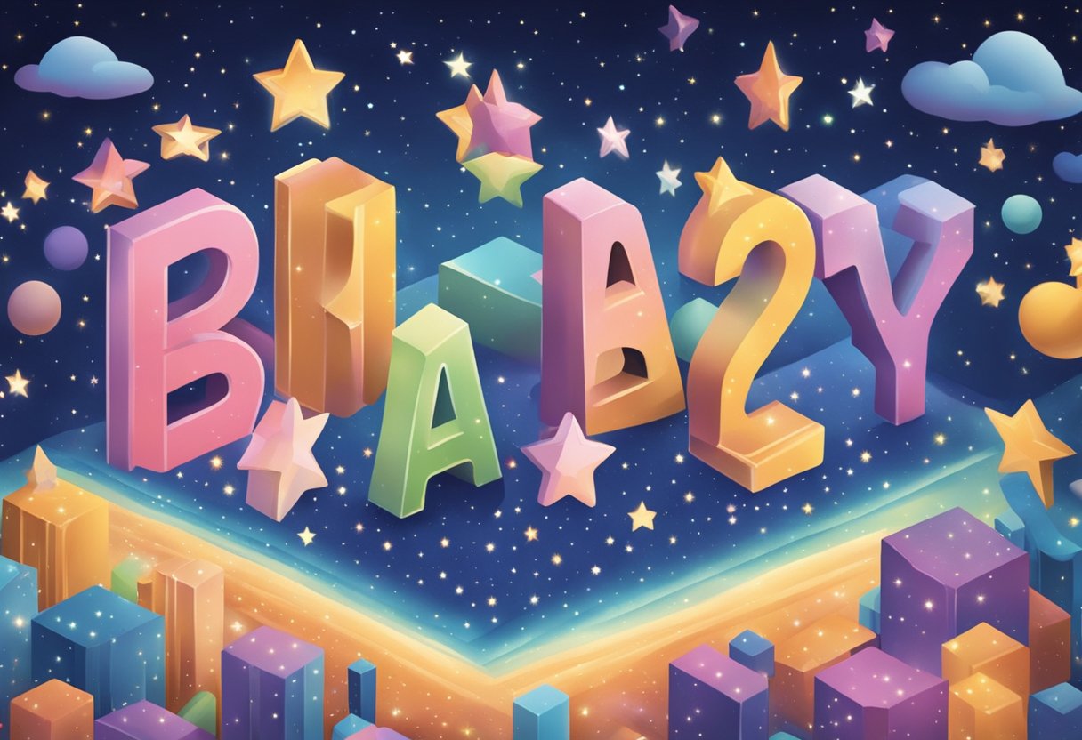 Colorful, floating letters spell out "whimsical baby names" amidst a dreamy, starry sky. A playful, magical atmosphere surrounds the scene