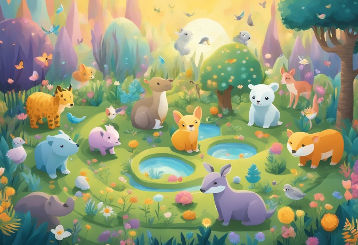 Colorful baby animals play in a magical garden of name ideas, surrounded by floating letters and whimsical creatures