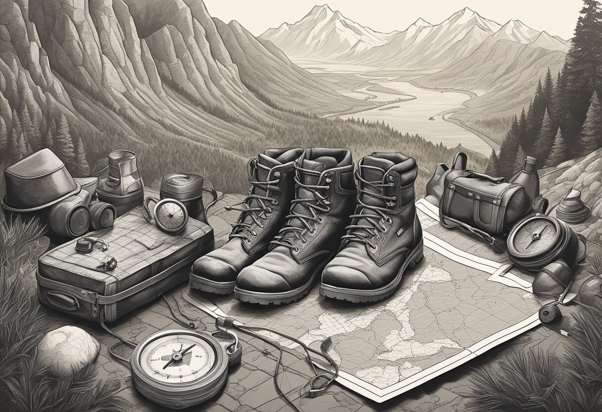 A group of adventurous objects, like a compass, map, and hiking boots, scattered across a rugged landscape