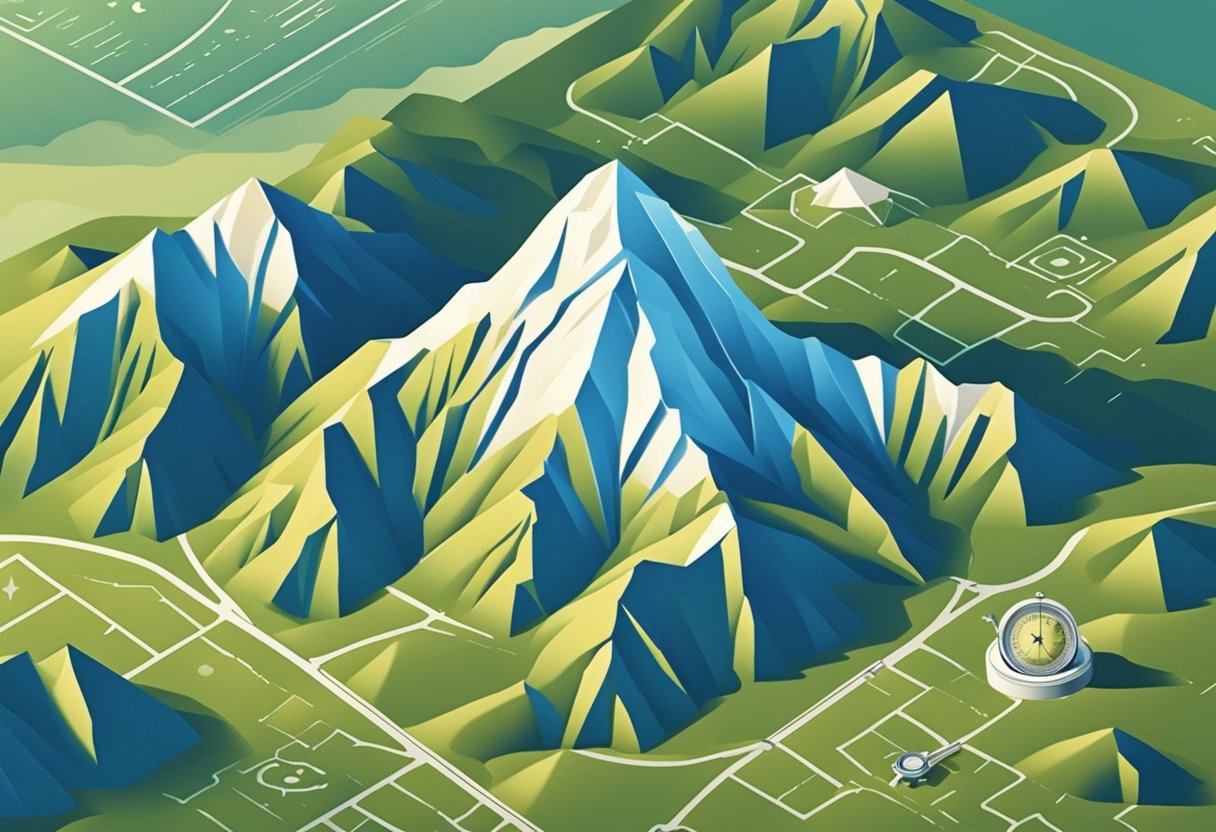 A map unfurling over a mountain range, with a compass and a telescope nearby