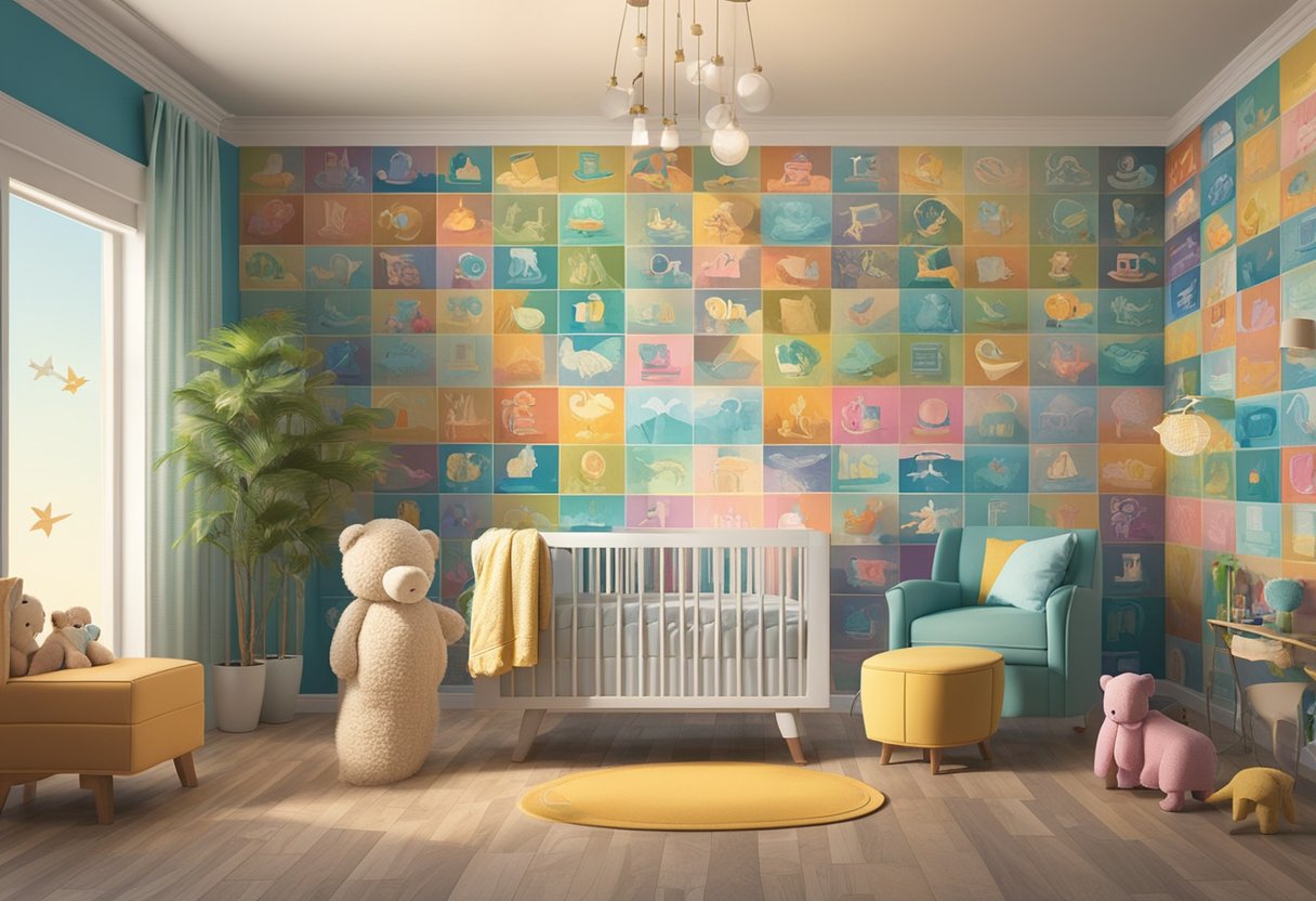 A colorful collage of popular 00s baby names displayed on a vintage-inspired nursery wall