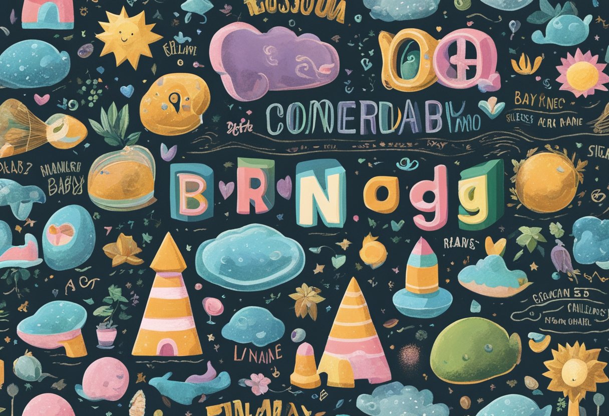 A colorful collage of popular 00s baby names displayed on a vintage-inspired chalkboard, surrounded by playful and whimsical illustrations