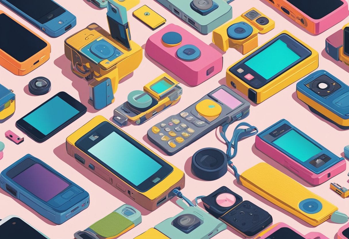 A colorful array of 00s-inspired objects, such as flip phones, iPods, and low-rise jeans, are arranged in a playful and nostalgic composition