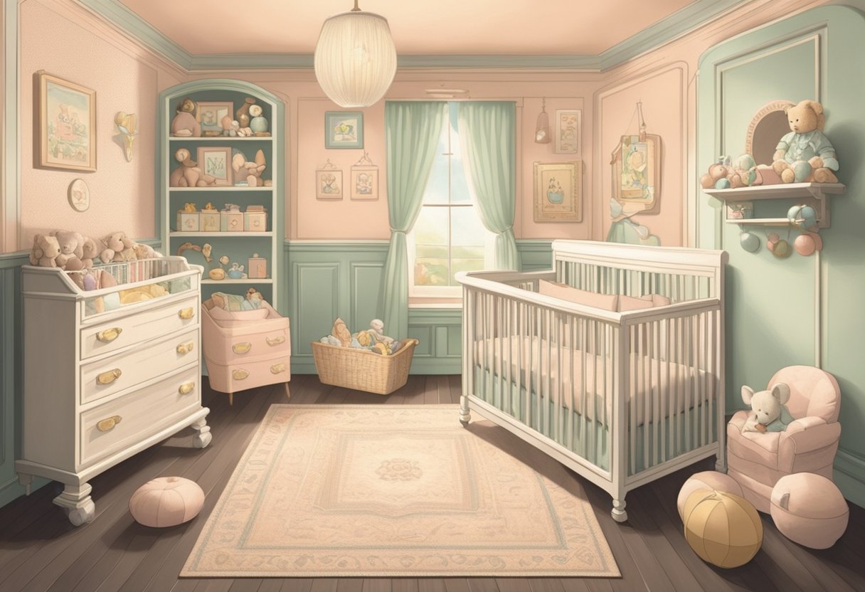 A vintage nursery with 1940s baby names adorning the walls in delicate script, surrounded by classic toys and pastel-colored decor