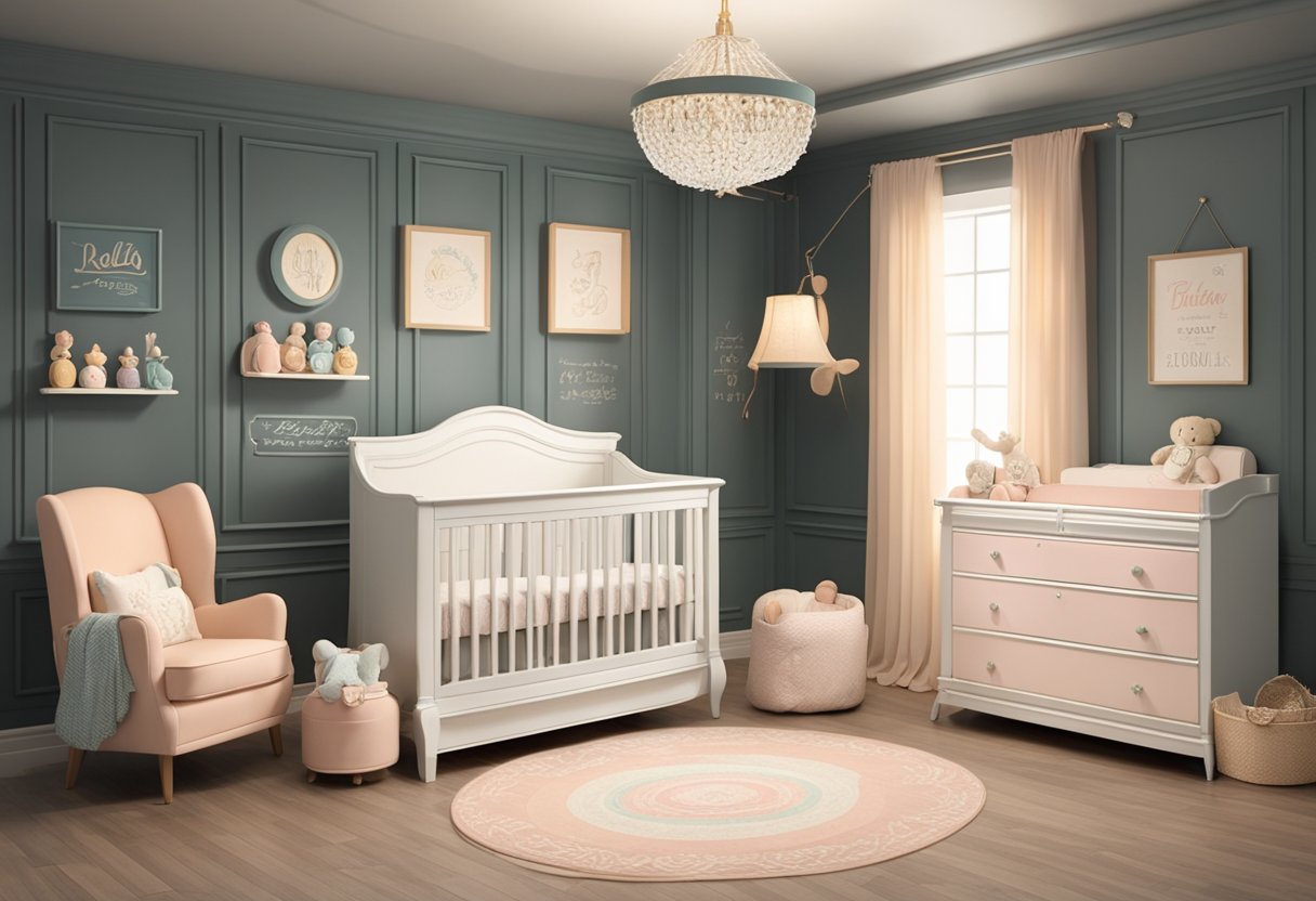 A vintage-themed nursery with a chalkboard wall displaying 1940s baby names in elegant script, surrounded by classic baby furniture and soft pastel colors