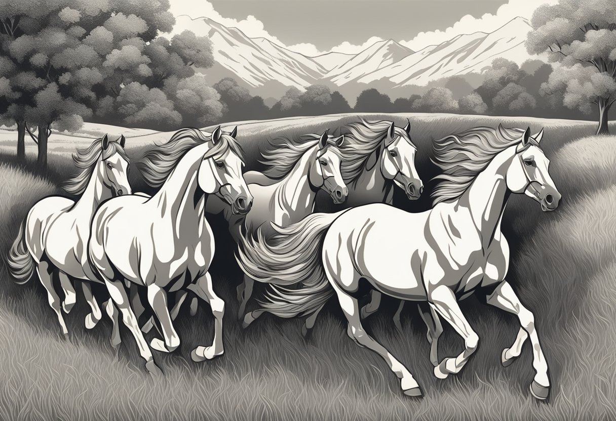 A group of majestic horses galloping through a sunlit meadow, their flowing manes and tails creating a sense of power and grace