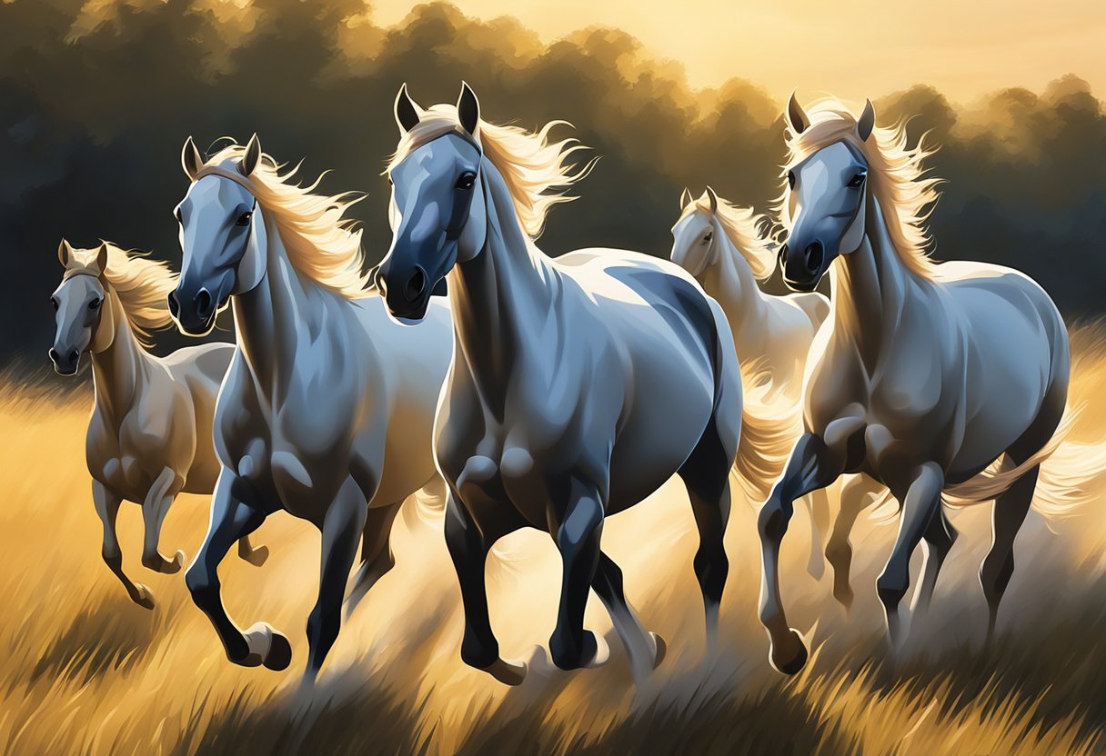 A group of elegant horses galloping through a sunlit meadow, their sleek coats glistening in the golden light. The wind whips through their manes as they move gracefully, embodying the spirit of equestrian beauty