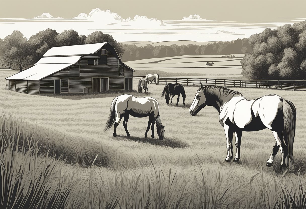 A serene pasture with grazing horses, a rustic barn in the background, and a gentle breeze blowing through the tall grass