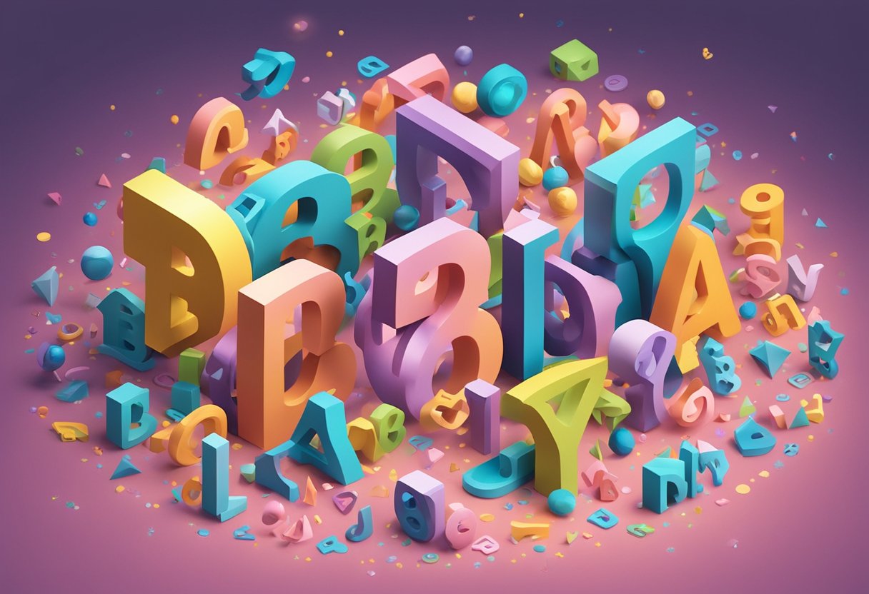 A colorful array of letters and symbols float in the air, swirling around a central point where the words "baby names creative" appear in bold, playful font