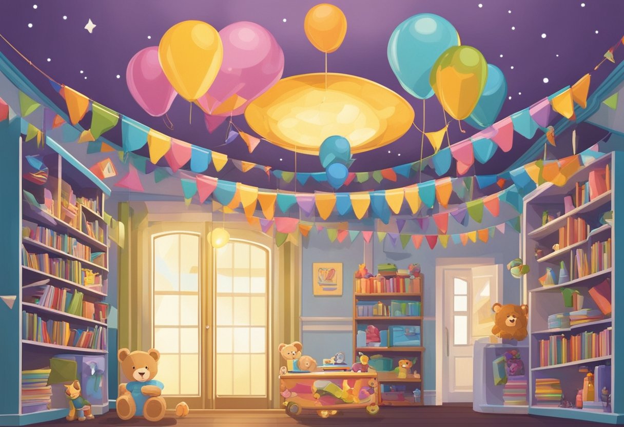 Colorful baby name banners hang from a ceiling, surrounded by playful toys and books. A spark of creativity fills the air