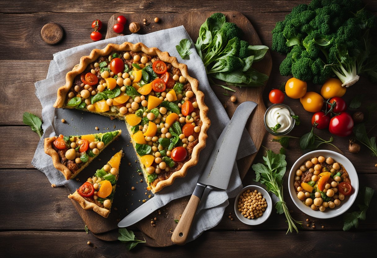 A colorful vegetable tart with a chickpea crust sits on a rustic wooden table, surrounded by fresh ingredients and kitchen utensils