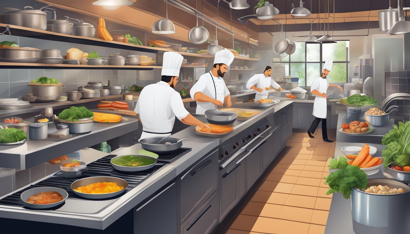A bustling cafe kitchen with chefs preparing signature dishes, surrounded by shelves of fresh ingredients and steaming pots on the stove