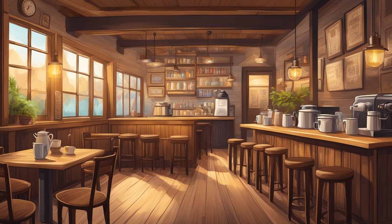 A cozy cafe with warm lighting, rustic wooden tables, and a wall adorned with vintage artwork. The aroma of freshly brewed coffee fills the air, creating a welcoming and inviting atmosphere