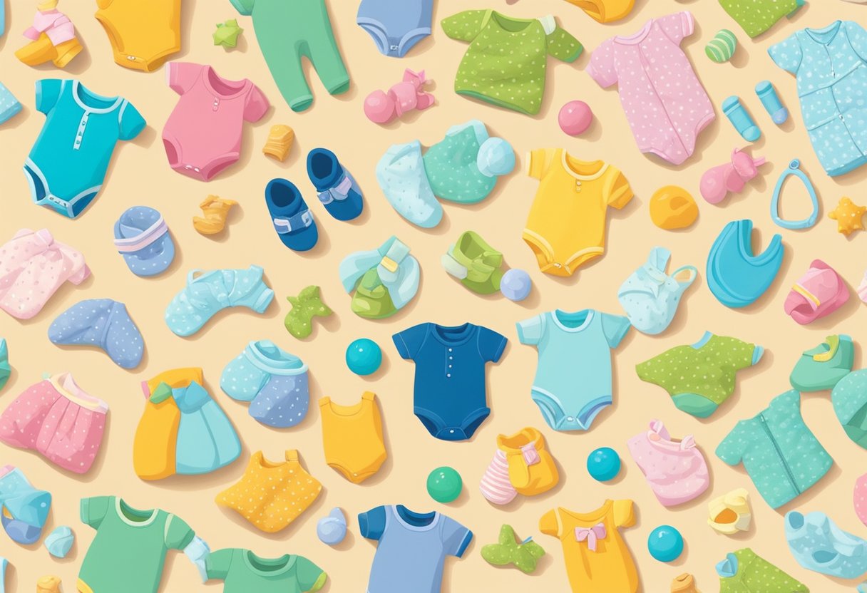 A colorful array of baby items, including rattles, blankets, and onesies, are scattered across a soft, pastel-colored backdrop