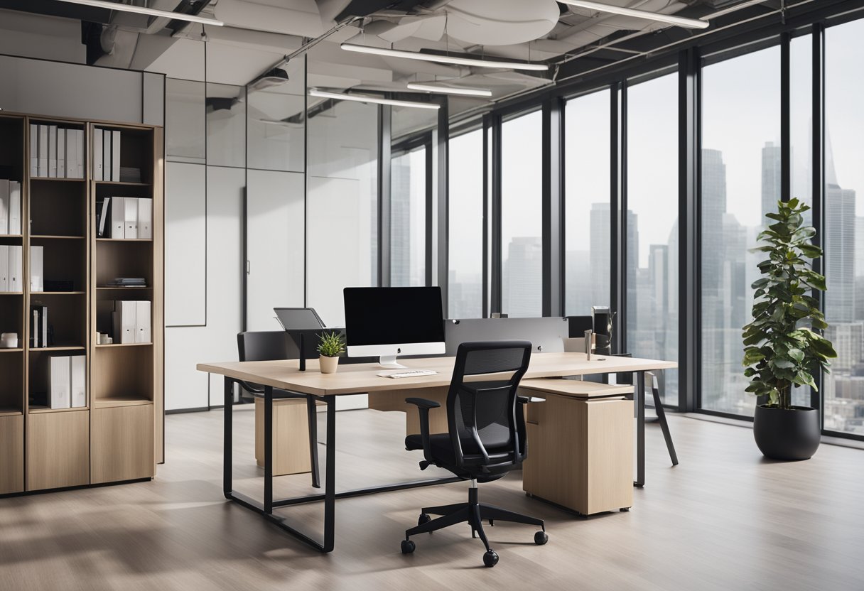 A sleek, minimalist office cabin with clean lines, ergonomic furniture, and large windows offering natural light. The color scheme is neutral with pops of vibrant accents