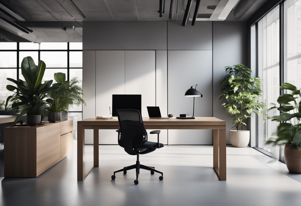 A sleek, minimalist office cabin with ergonomic furniture, ample natural light, and subtle pops of color. A sleek desk with a modern chair and a cozy seating area with a coffee table and plants