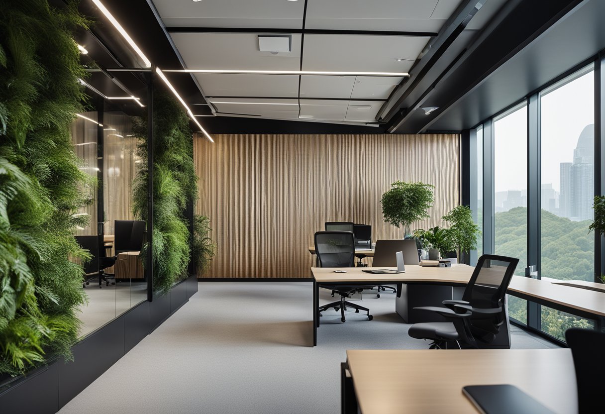 A spacious modern office cabin with sleek furniture, natural light, and greenery, promoting a sense of calm and productivity