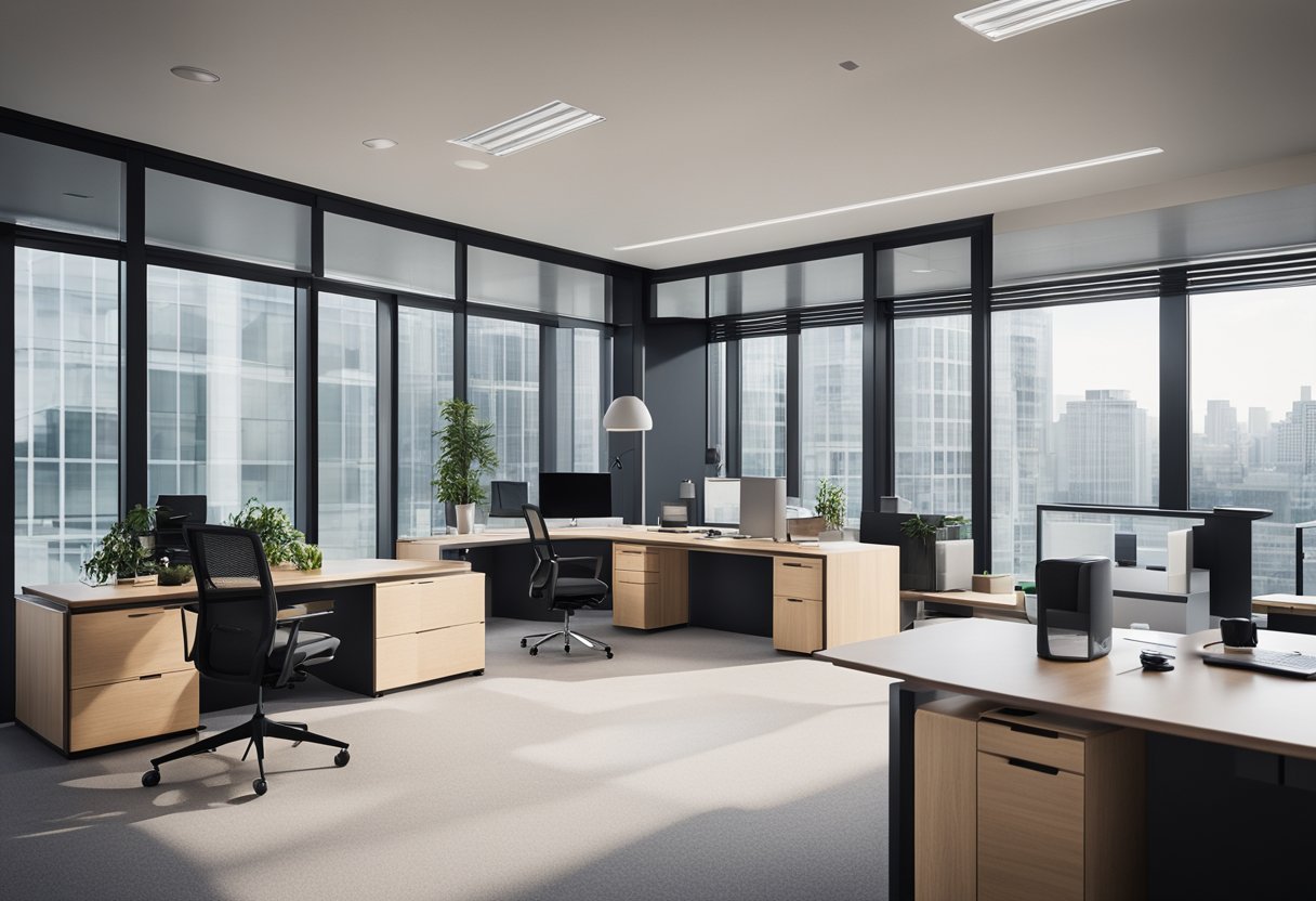 A sleek, minimalist office cabin with clean lines, modern furniture, and ample natural light. The space is organized and efficient, with a focus on functionality and comfort