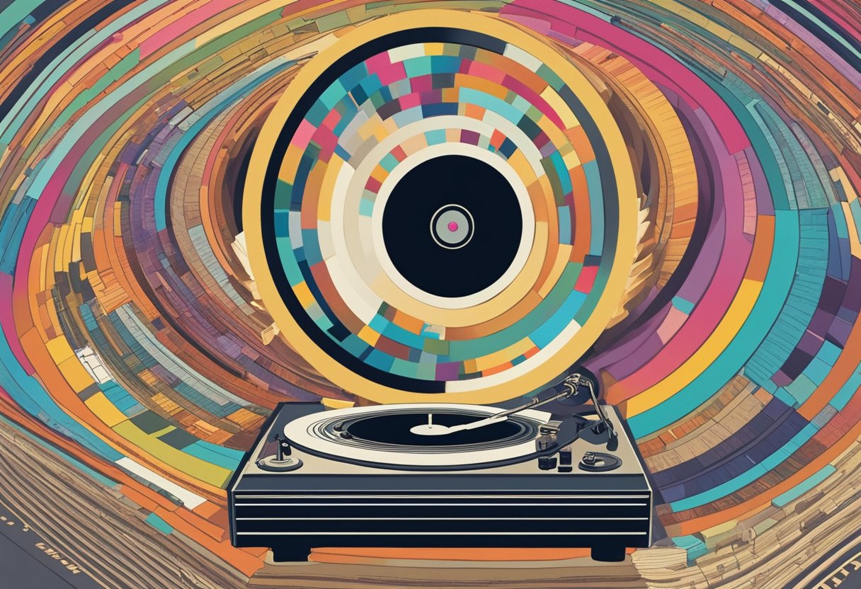 A colorful collage of song titles, album covers, and lyrics swirl around a vintage record player, evoking the essence of Taylor Swift's music