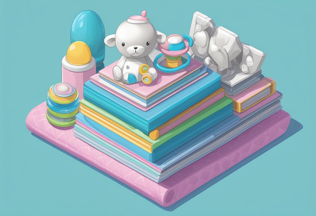 A stack of Taylor Swift albums surrounded by baby items like rattles, onesies, and pacifiers