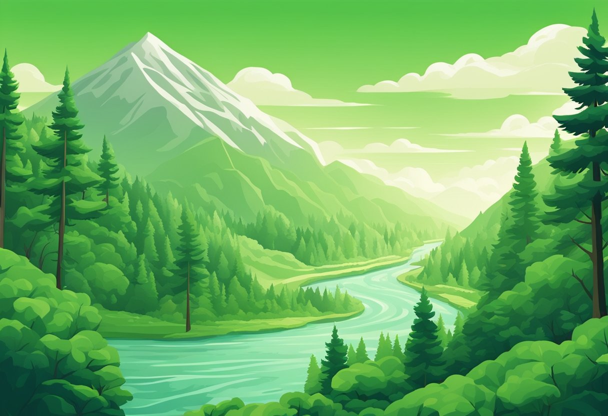 Lush green forest backdrop with a clear, flowing river. A serene, misty mountain range looms in the distance