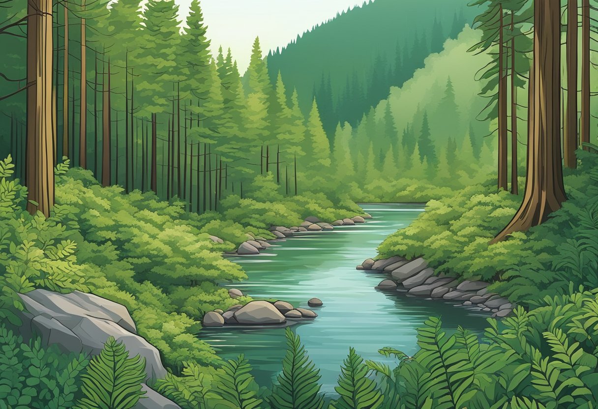 Lush forest backdrop with towering evergreens and a serene river winding through the landscape. Wildflowers and ferns dot the forest floor, creating a peaceful and natural setting for the scene