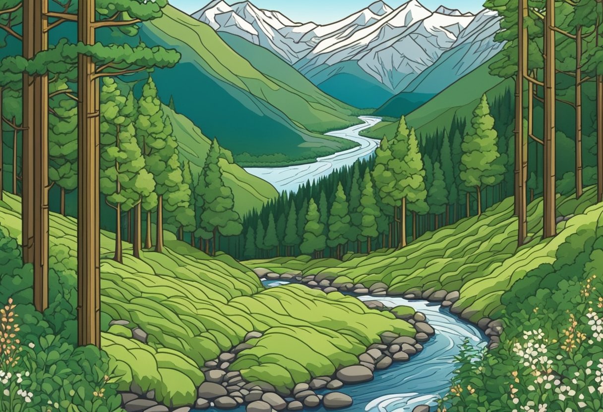 Lush green forest backdrop with a flowing river and snow-capped mountains in the distance. Wildflowers and tall trees surround a peaceful clearing