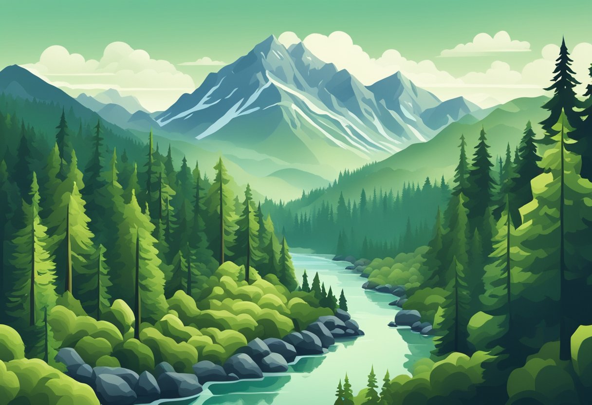 Lush forest backdrop with misty mountains, a flowing river, and towering pine trees for "pnw baby names" illustration
