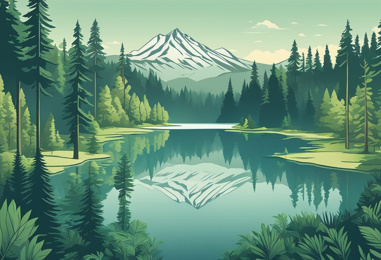 Lush forest with towering evergreen trees, misty mountains in the background, and a serene lake reflecting the surrounding natural beauty
