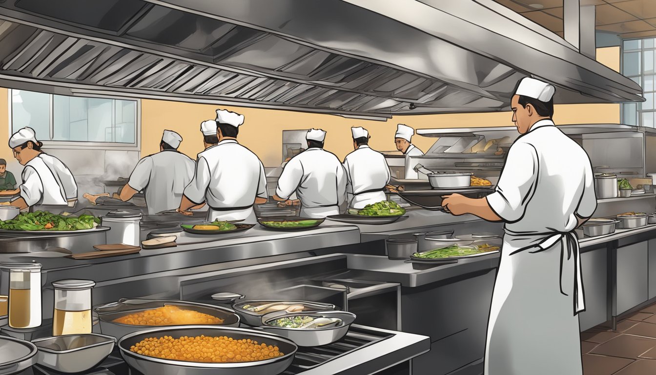 A busy restaurant kitchen with chefs cooking and seasoning dishes, while servers rush to deliver plates to hungry customers