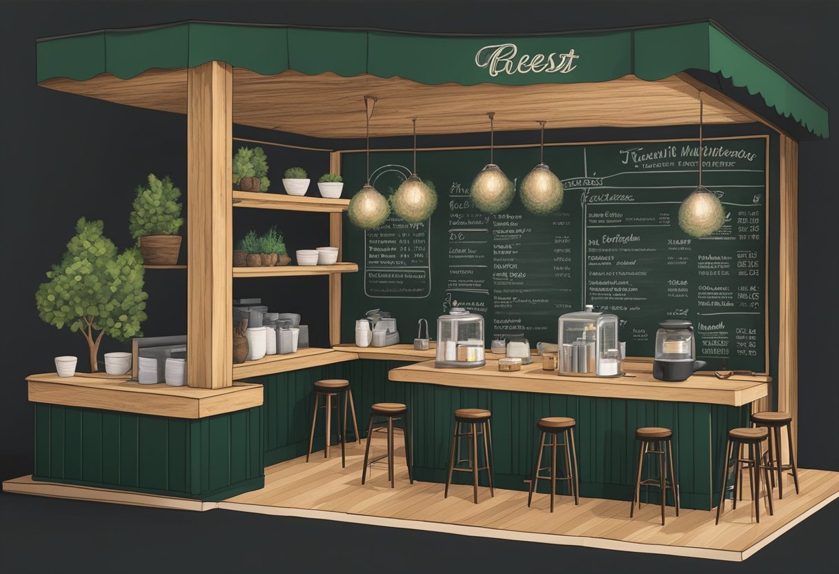 A cozy coffee shop with a chalkboard menu featuring trendy Pacific Northwest-inspired baby names. Forest green accents and natural wood decor complete the scene