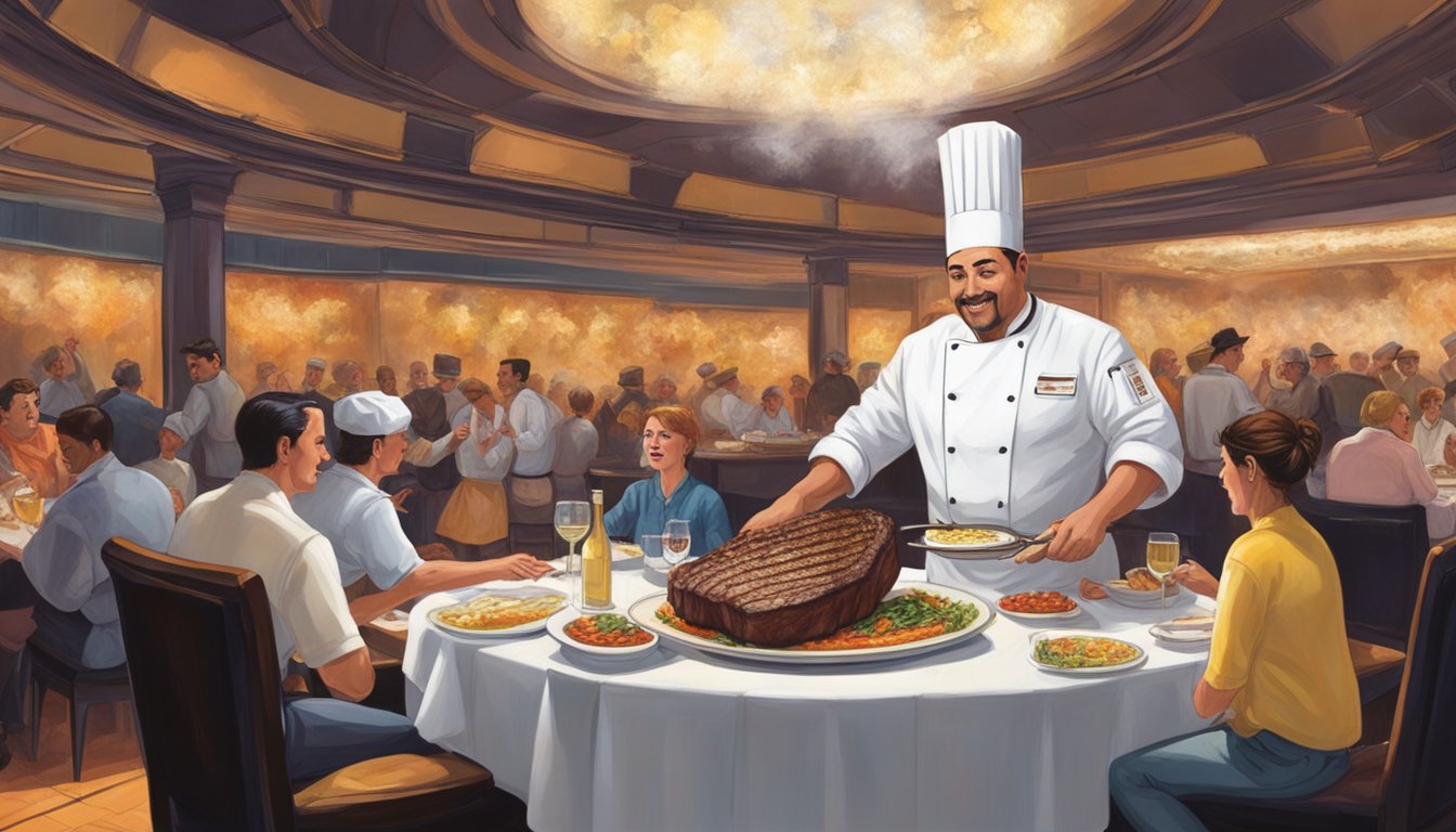 A chef expertly seasons a sizzling steak, surrounded by diners enjoying the theatrical display. The restaurant buzzes with excitement and controversy over the extravagant salt sprinkling technique