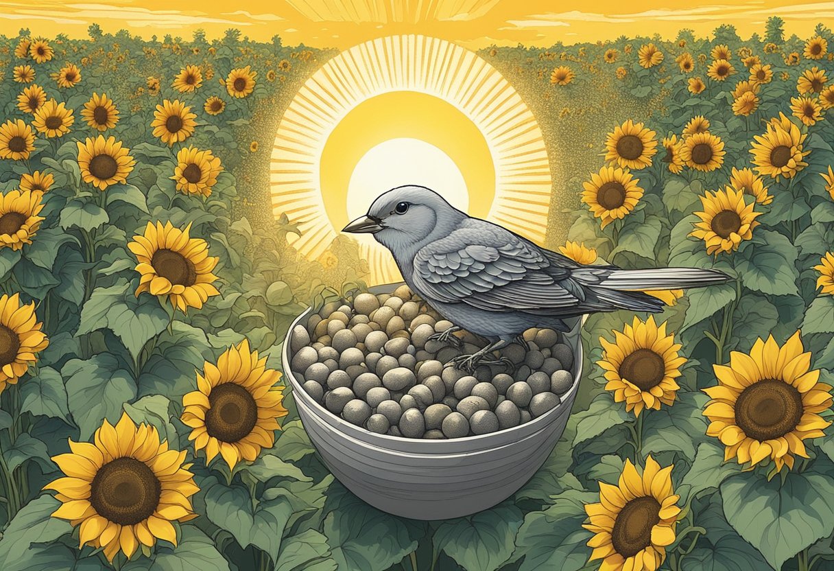 A bright sun shining down on a field of sunflowers, with a baby bird hatching from its egg, symbolizing the meaning of "sun" in baby names
