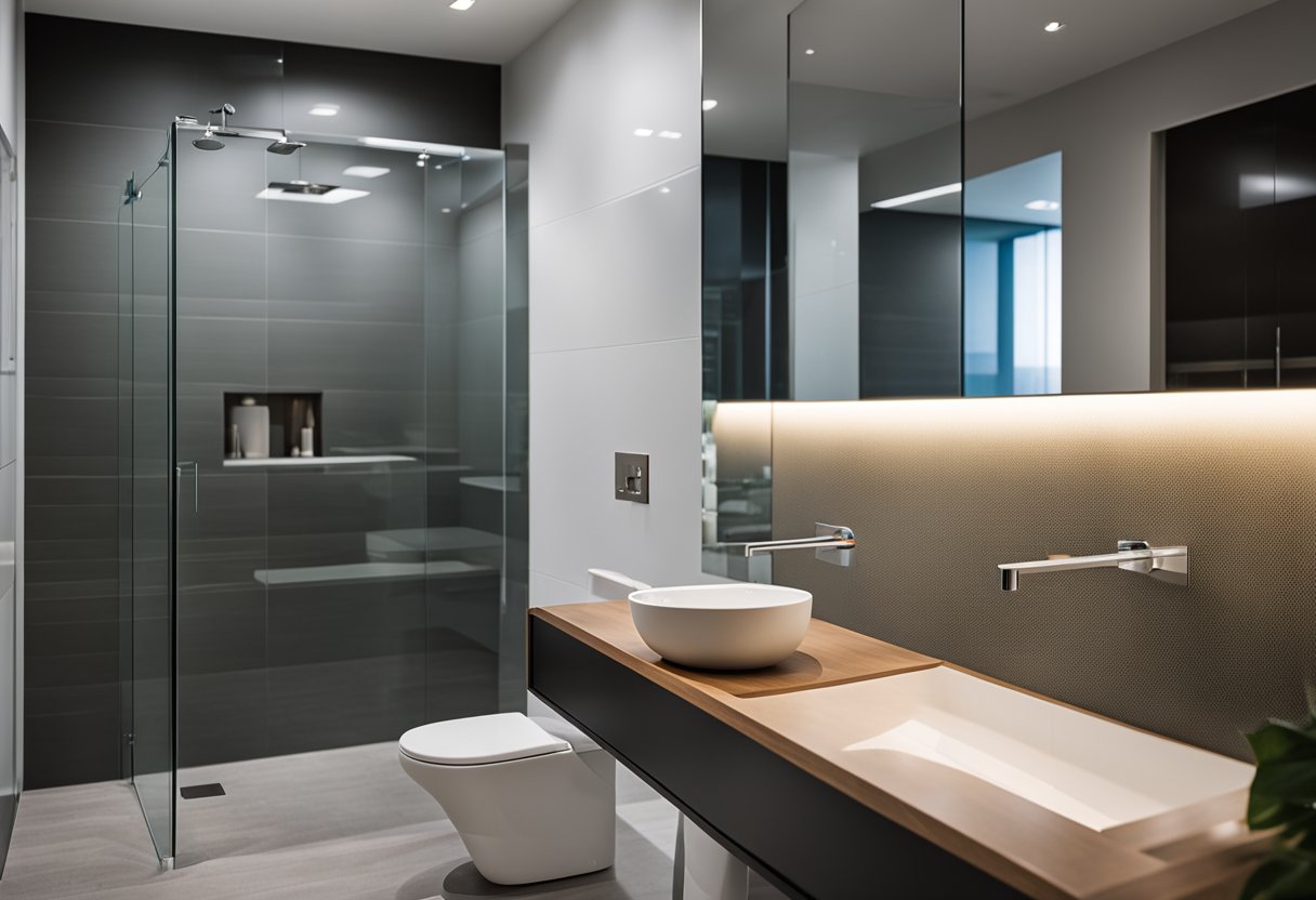 A modern office bathroom with sleek fixtures, minimalist design, and soft ambient lighting. Glass partitions separate the shower and toilet areas, while a large mirror spans the length of the vanity