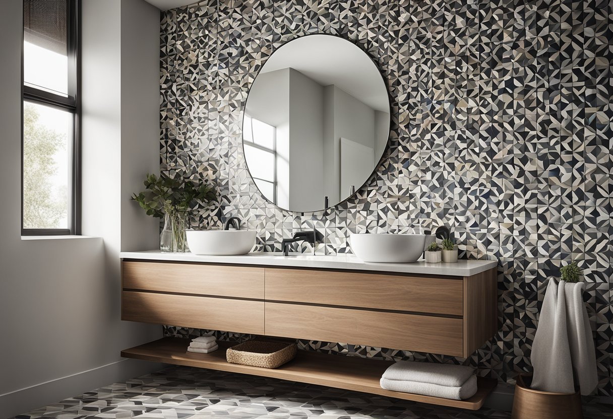 A sleek, modern bathroom with geometric tile patterns, minimalist fixtures, and natural lighting. A floating vanity and a large mirror add to the contemporary feel
