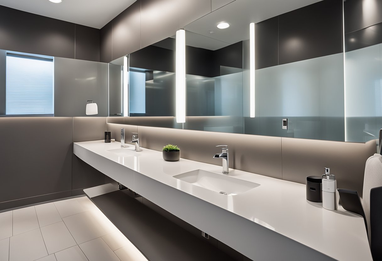 The modern office bathroom features sleek, minimalist design with soft lighting, clean lines, and touchless fixtures for a seamless and hygienic user experience