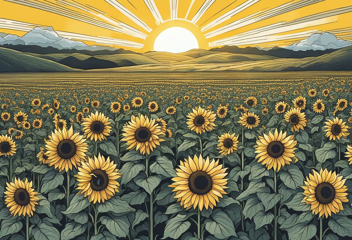 A bright sun shining over a field of sunflowers, radiating warmth and happiness