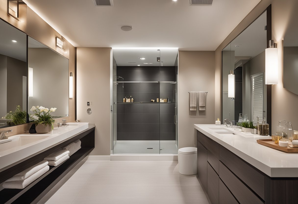 A modern, clean bathroom with sleek fixtures and neutral colors. A large mirror and ample lighting make the space feel open and inviting