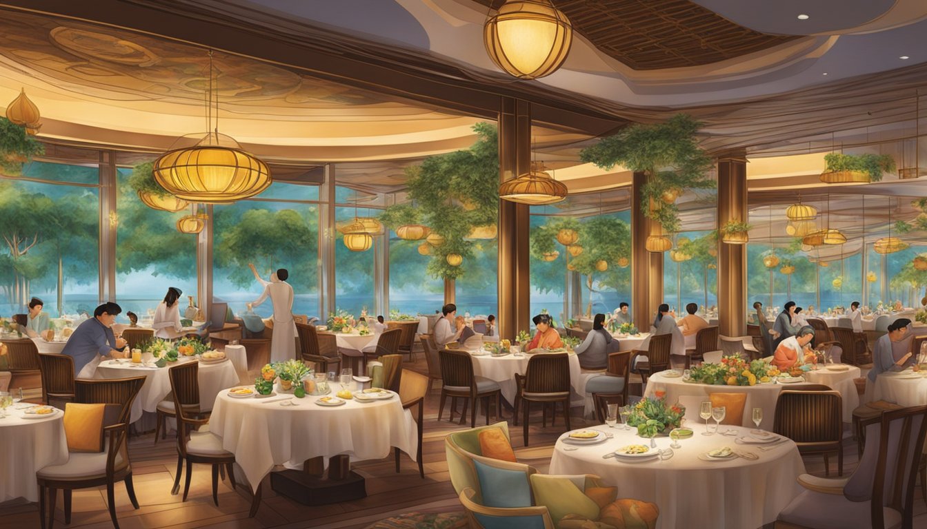 The bustling Shangri La restaurant in Singapore, filled with vibrant decor and savory aromas, captivates guests with its elegant ambiance and delectable cuisine