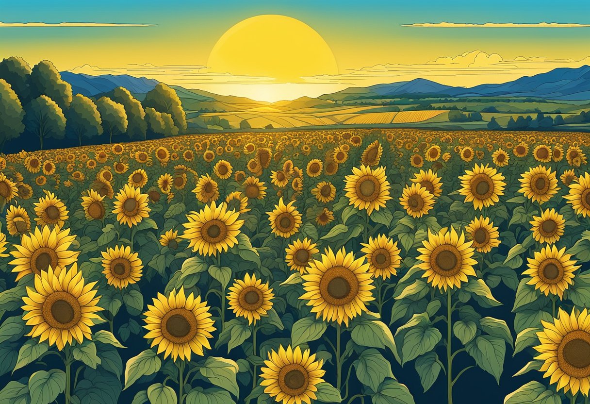 A bright yellow sun shining down on a field of vibrant sunflowers, with a clear blue sky in the background
