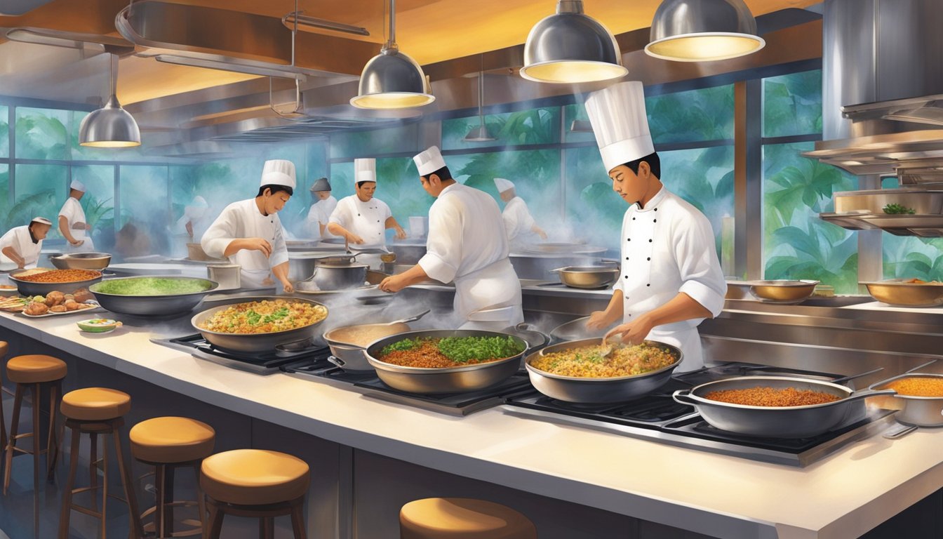 A colorful array of exotic dishes and aromatic spices fill the bustling kitchen of Shangri La restaurant in Singapore. Steam rises from sizzling pans as chefs expertly prepare culinary delights from around the world