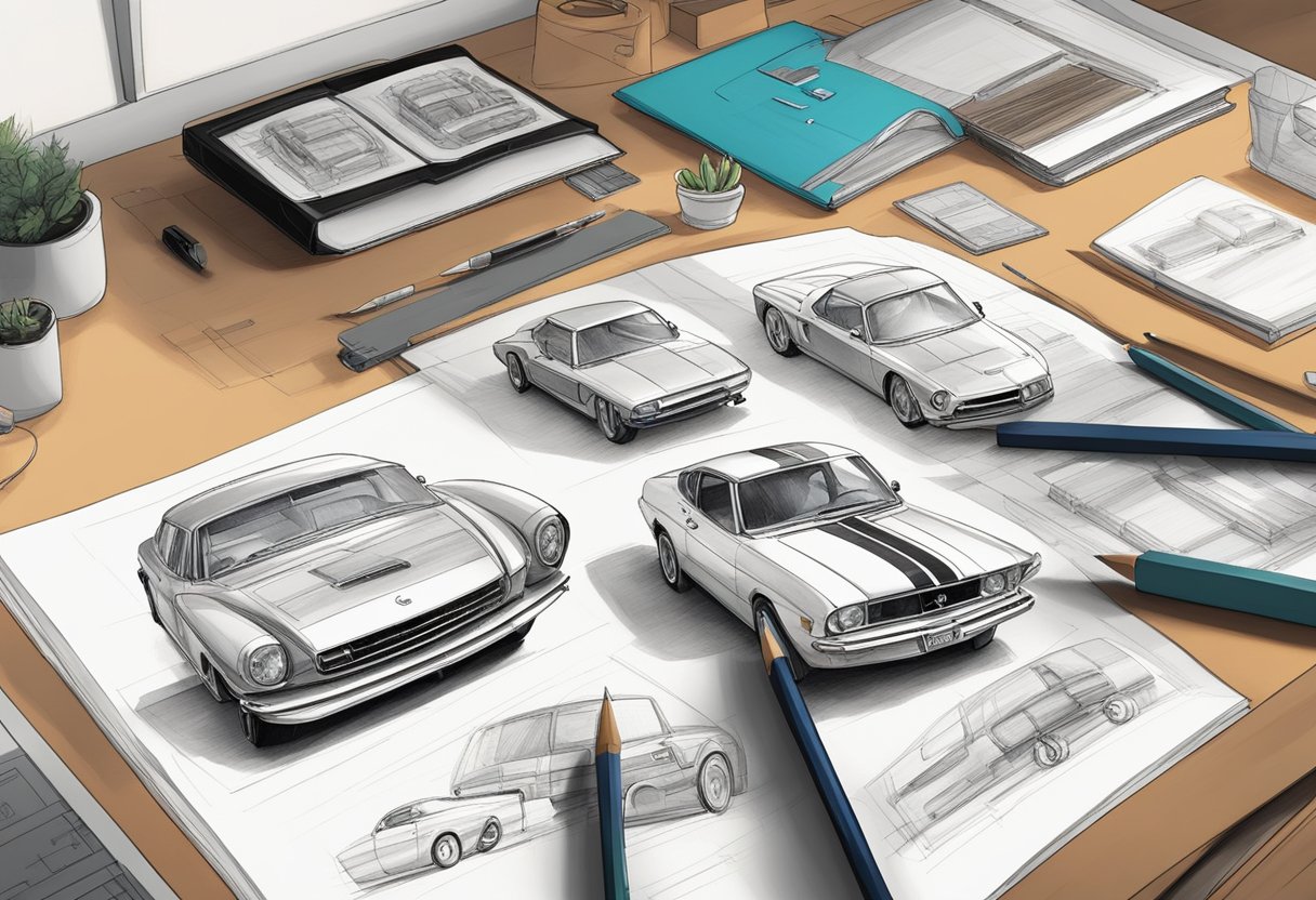 A collection of automotive interior sketches displayed on a designer's desk, showcasing the evolution of car interior design throughout history