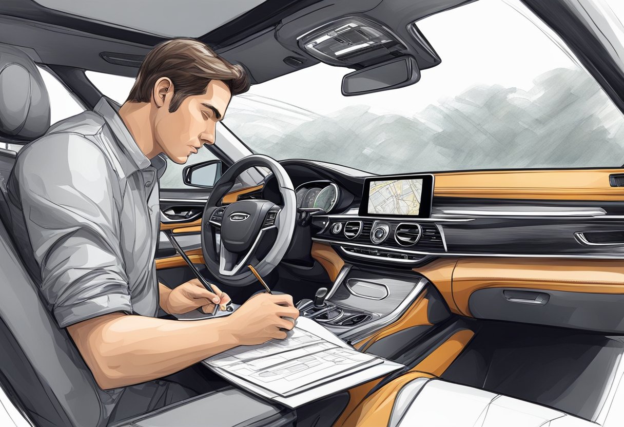 A designer sketching automotive interior using various techniques