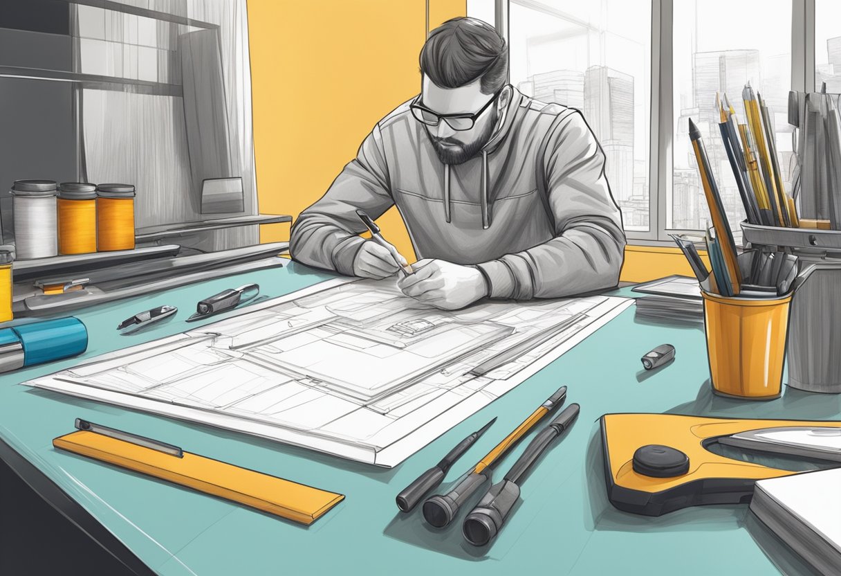 A designer sketches automotive interior concepts with various materials and tools on a drafting table