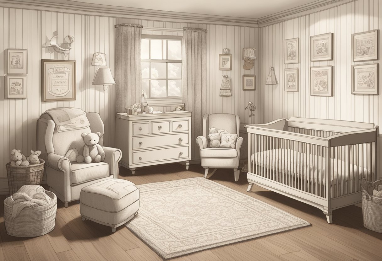 A nursery adorned with vintage baby name prints, classic toys, and a cozy rocking chair