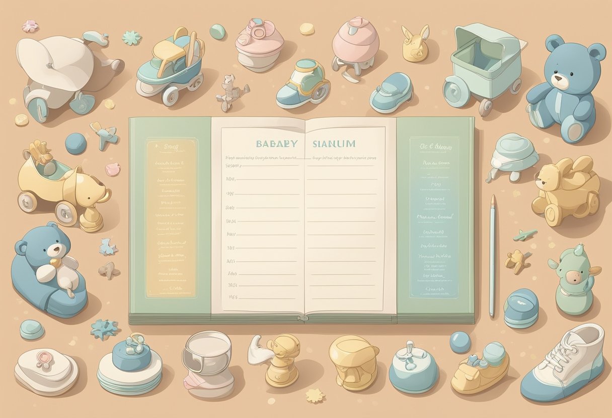 A table with a list of classic baby names in elegant fonts, surrounded by vintage baby toys and a soft color palette