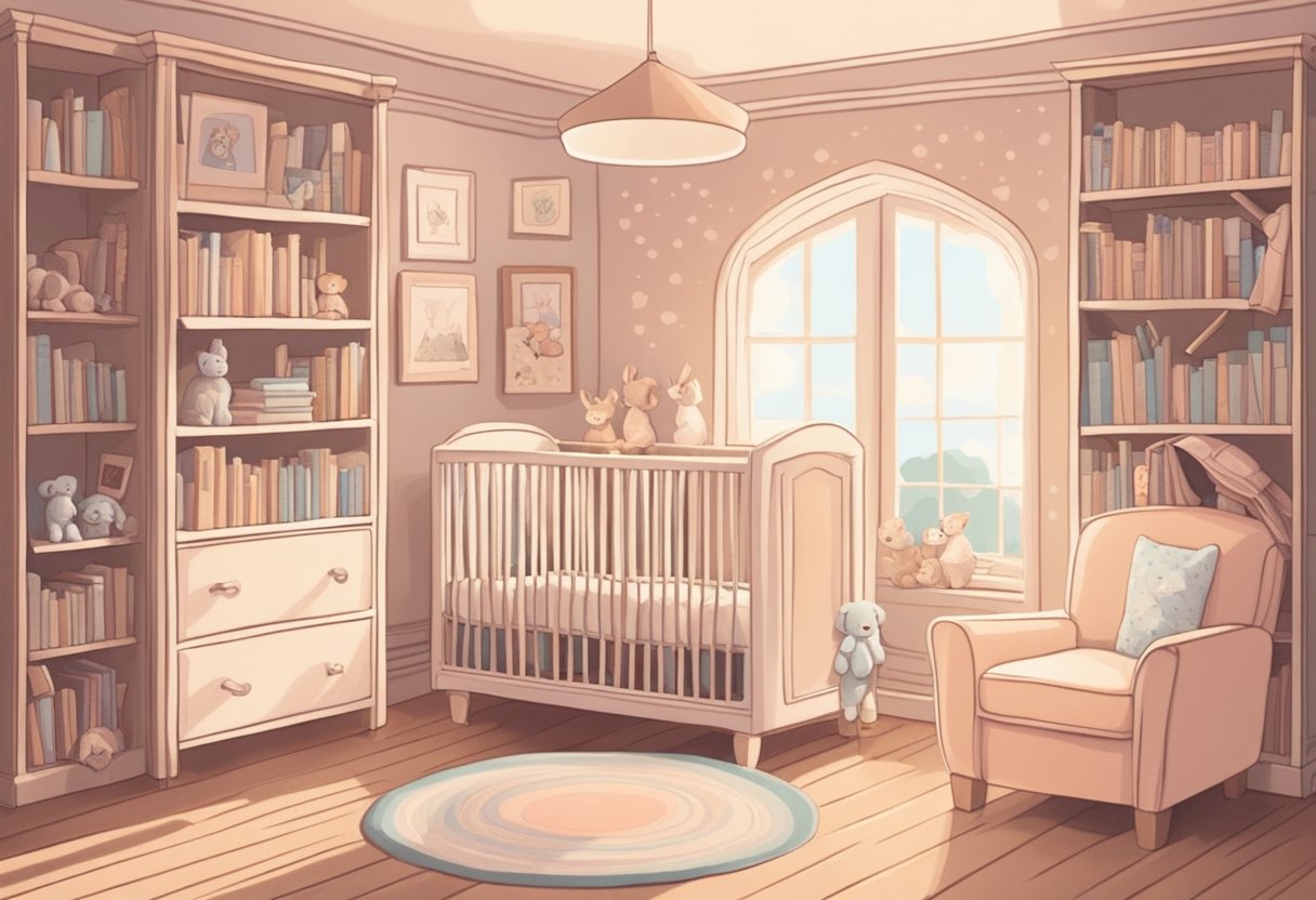 A cozy nursery with a bookshelf filled with classic baby name books. Soft pastel colors and a warm, inviting atmosphere