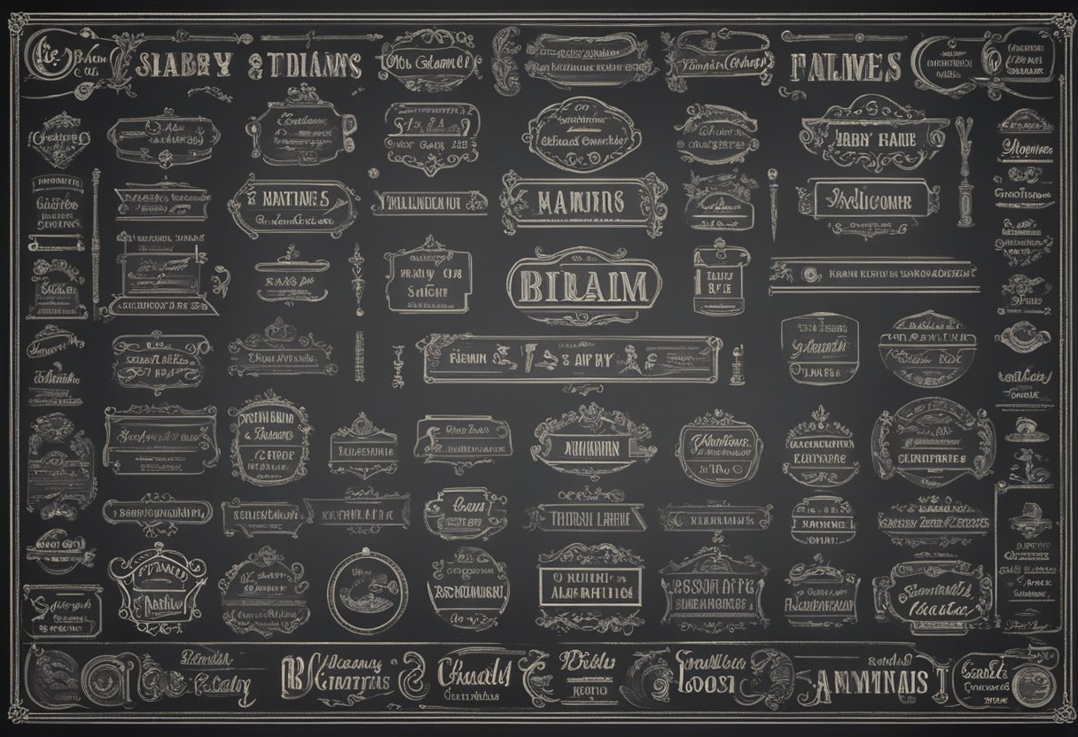 A collection of vintage baby names on a chalkboard with classic fonts and decorative borders