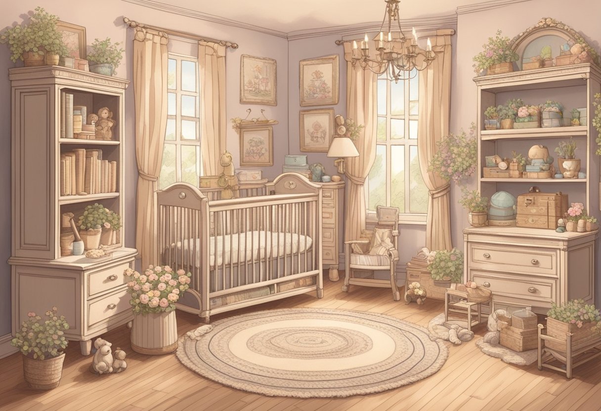 A vintage nursery with classic toys and books, surrounded by soft pastel colors and delicate floral patterns